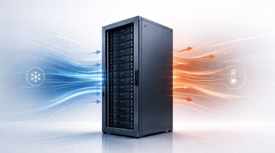 High-density data center cabinet with visible front-mounted servers, showing blue intake airflow on one side and red exhaust airflow on the other in a clean, minimal tech illustration.
