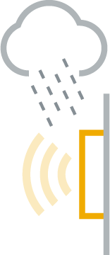 Icon of a cloud with rain and sound waves emanating from a speaker.