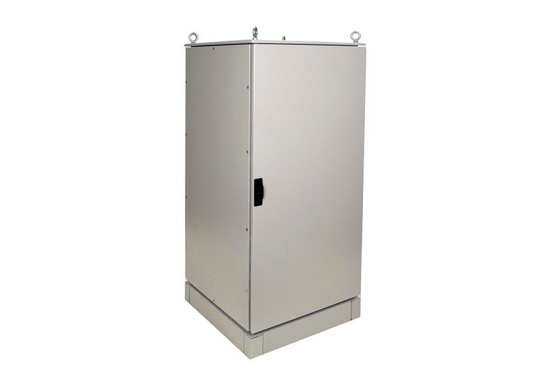 Metal enclosure with a door and hooks on top, designed for equipment storage.