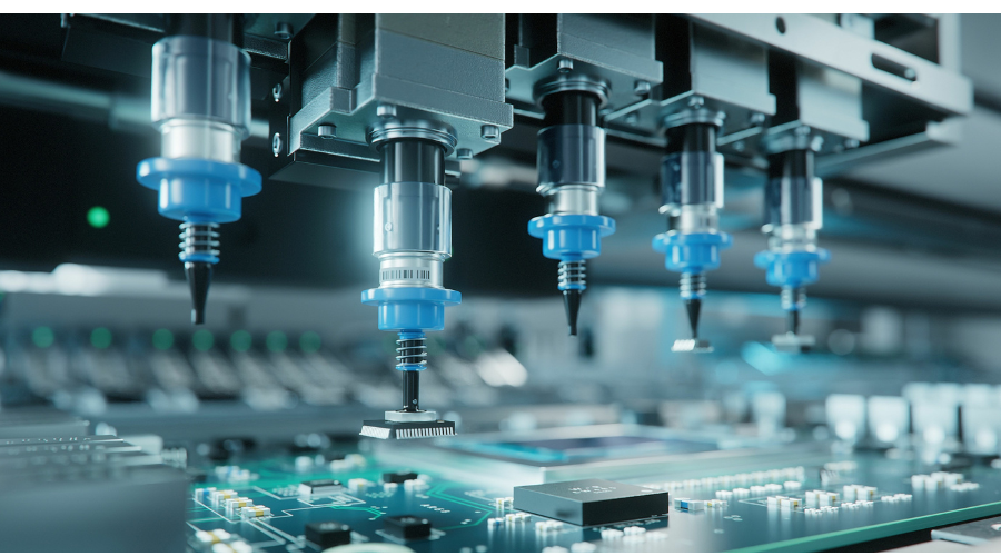 Robotic arms assembling components on a semiconductor circuit board in a high-tech facility.