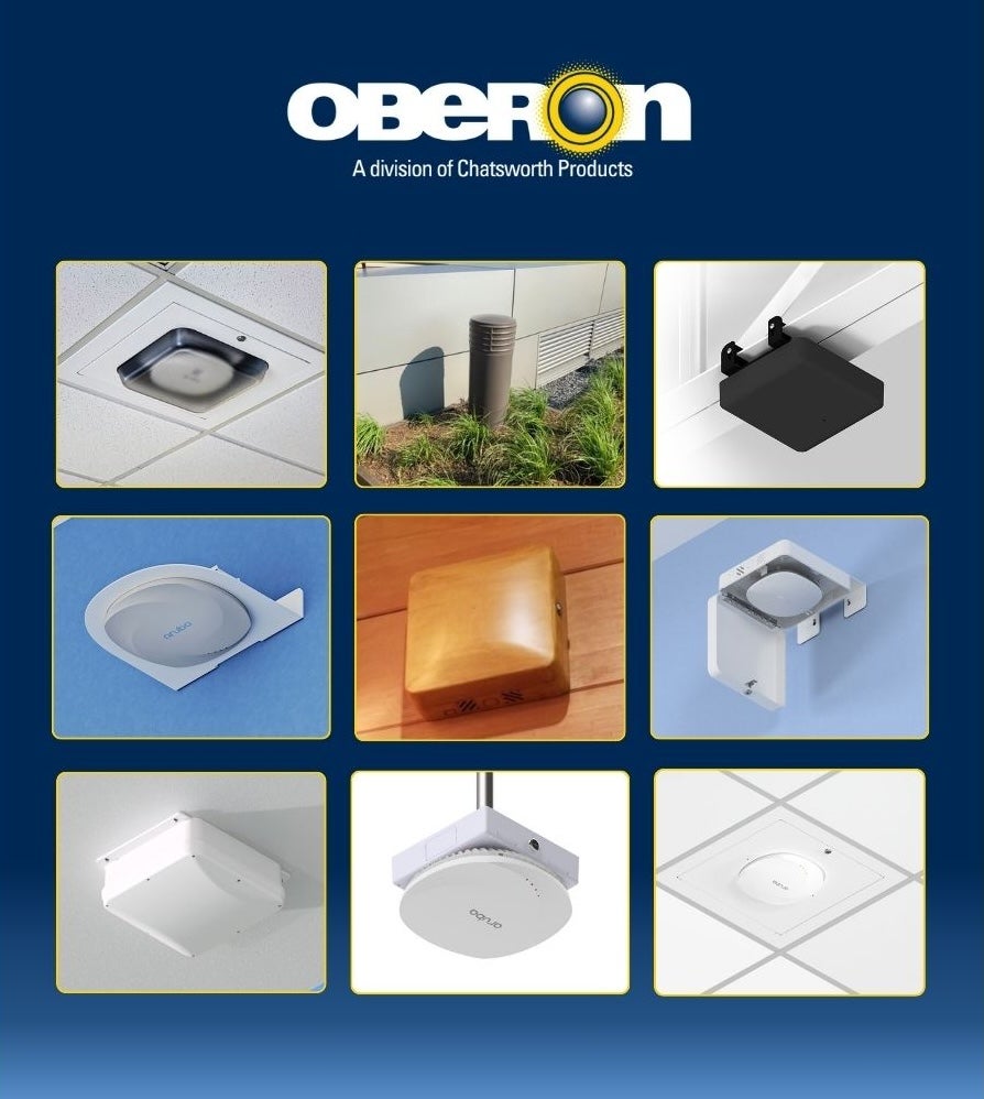 Nine images of various Oberon products on a blue background.