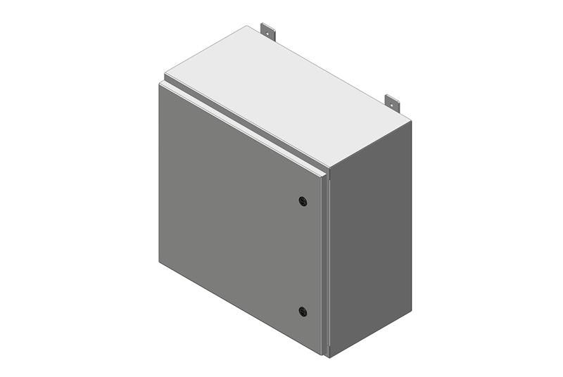 Gray wall-mounted enclosure with a white top and two mounting holes.