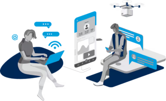 Two people interacting with technology, one on a laptop and the other on a mobile device.