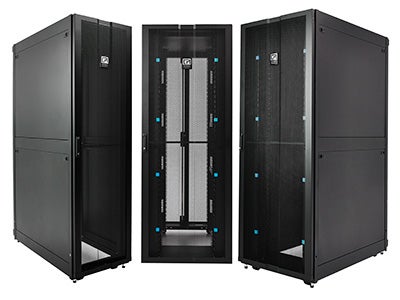 Three black server cabinets with mesh doors and blue accents.