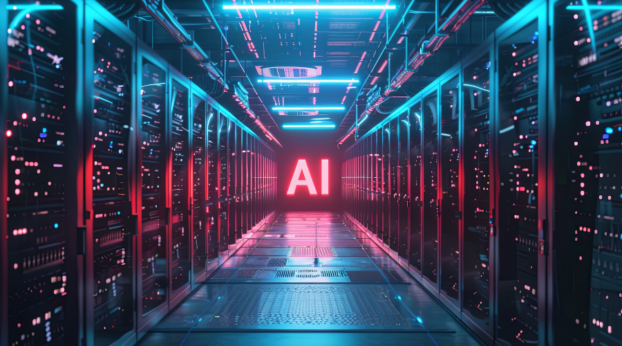 Data center corridor with server racks and glowing 'AI' sign.