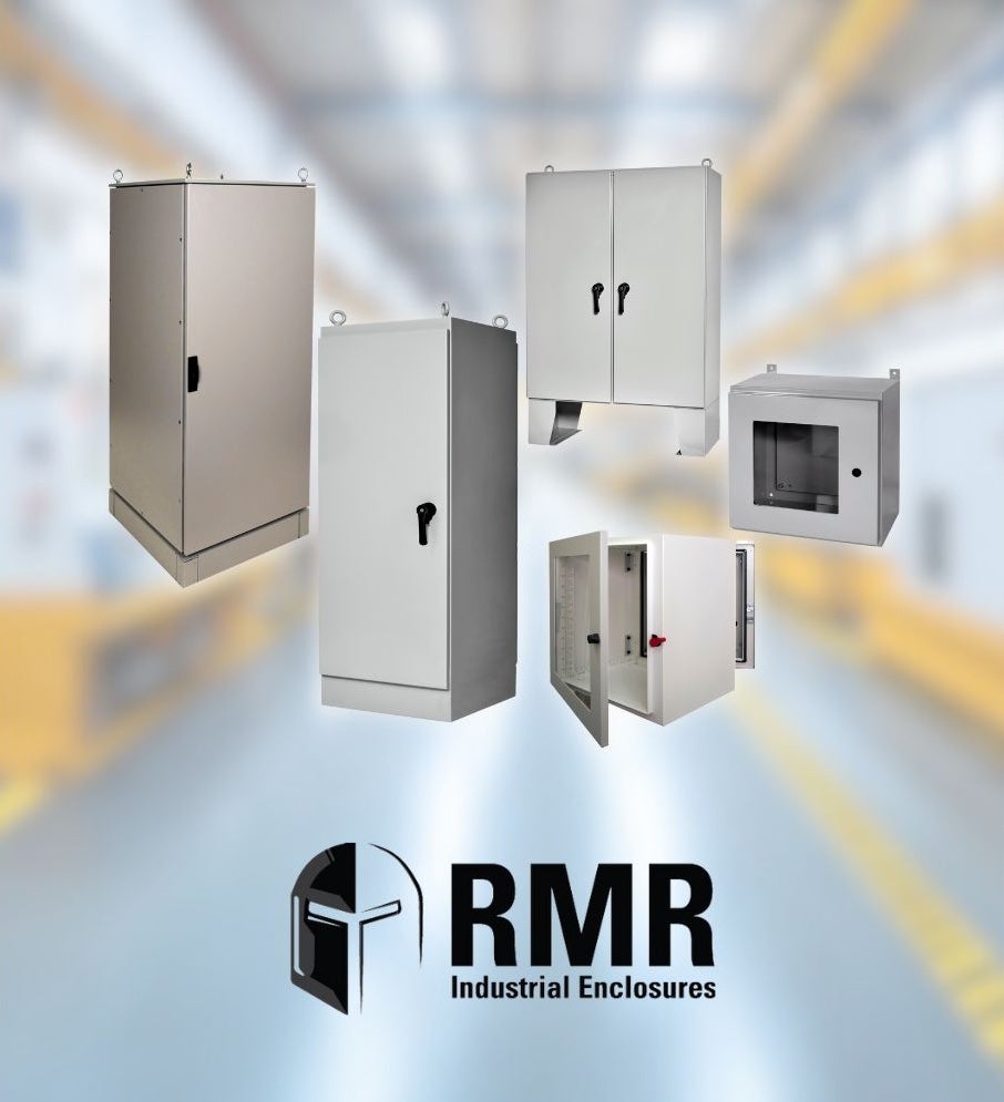 Various industrial enclosures displayed in a warehouse setting.