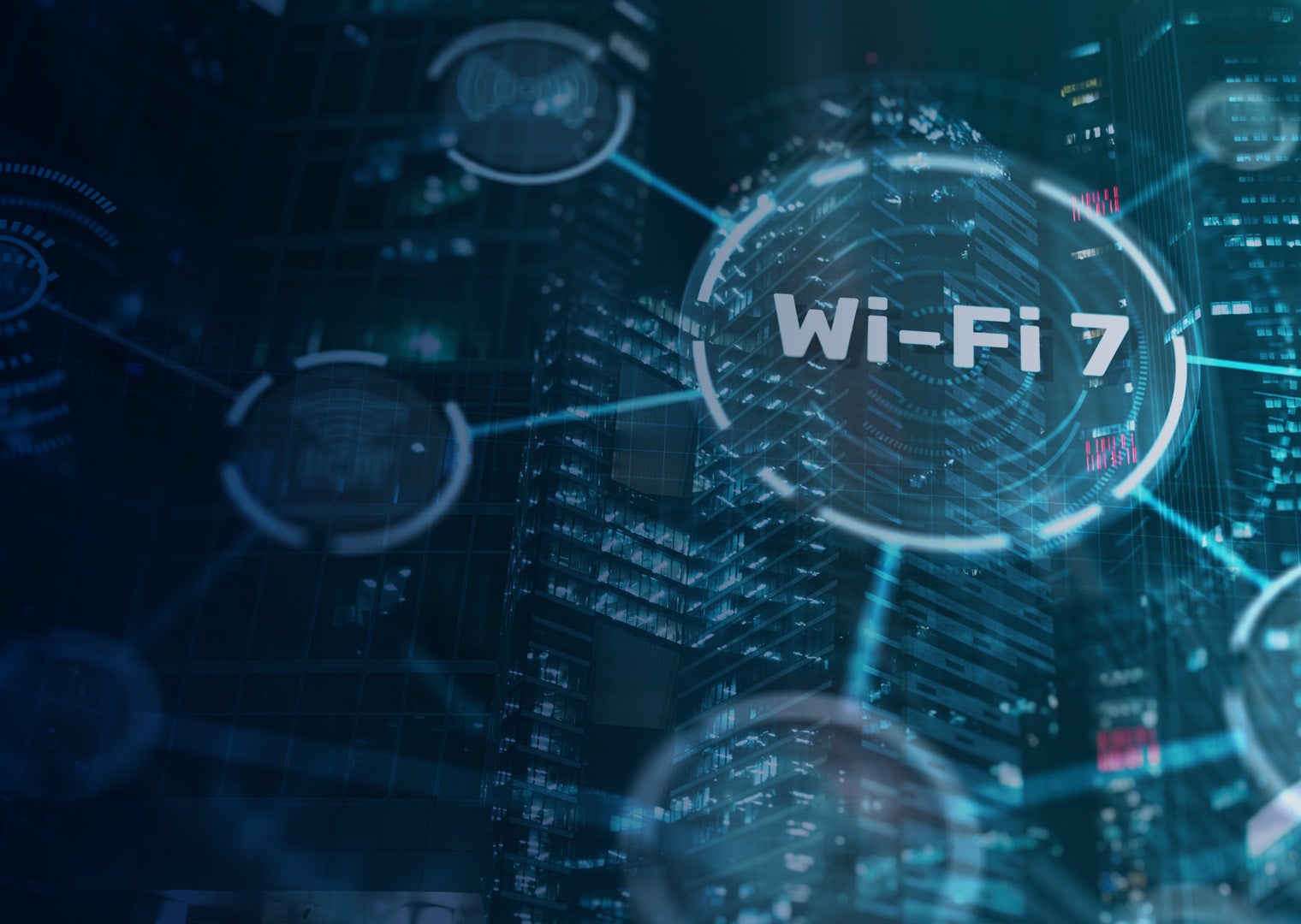 Graphic showing Wi-Fi 7 with a cityscape background and network connections.