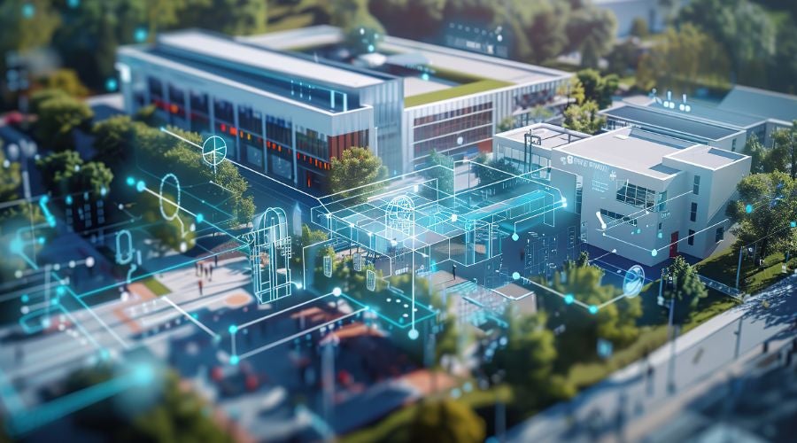 Aerial view of modern buildings with digital overlay and network graphics.