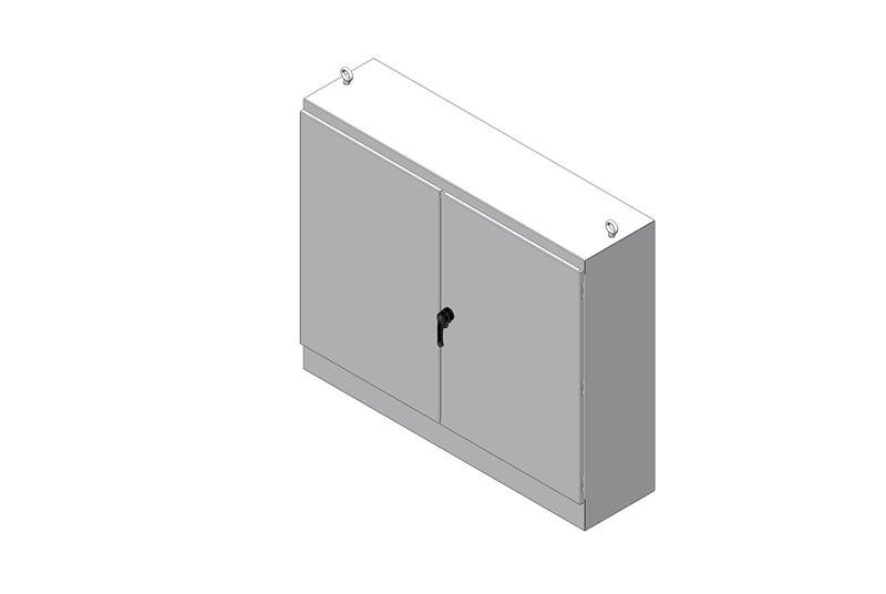Gray server cabinet with two doors and a lock, viewed from an angle.