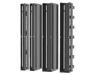 Four vertical network patch panels in black, varying in height and design.