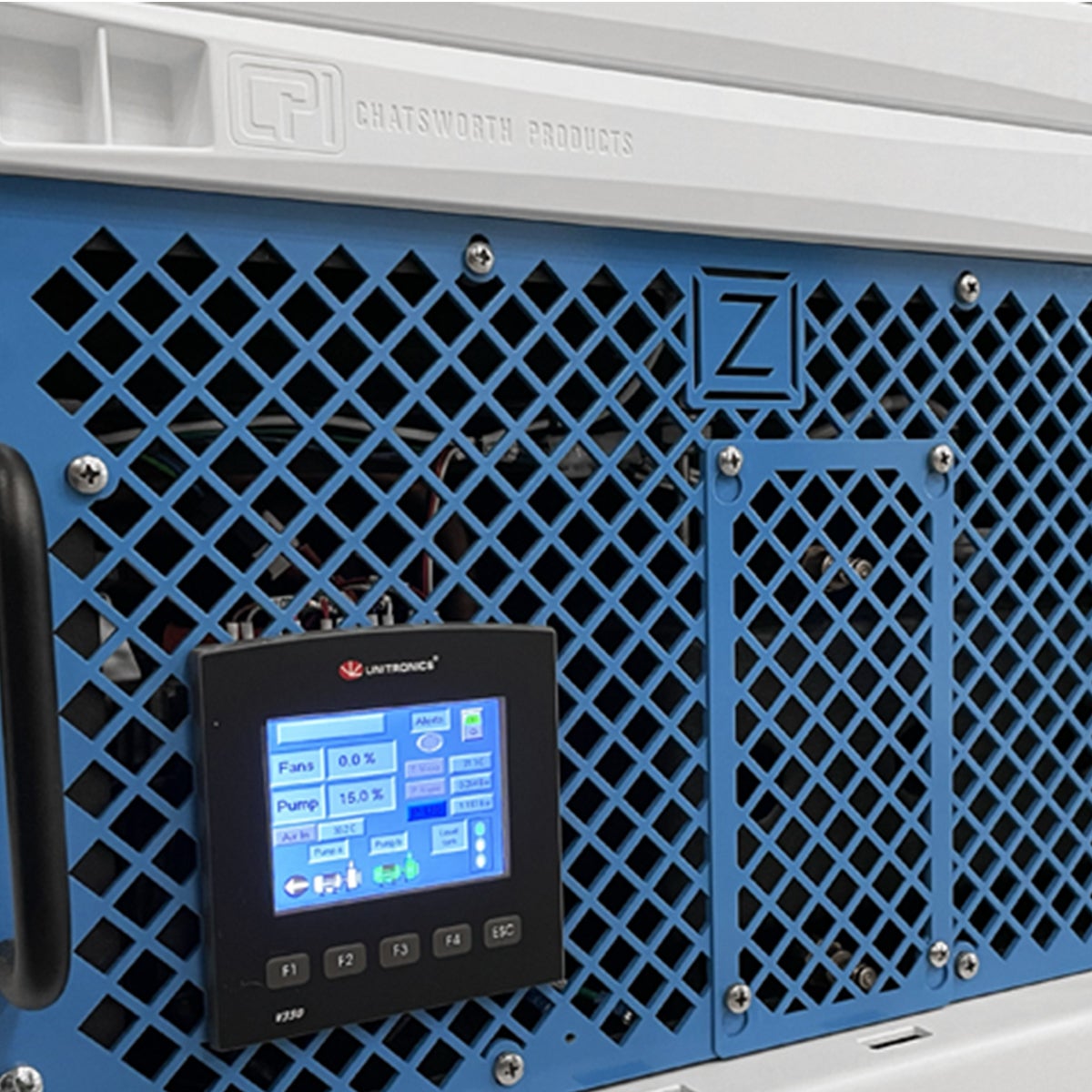 Blue equipment with a digital display and ventilation grid, labeled Chatsworth Products.