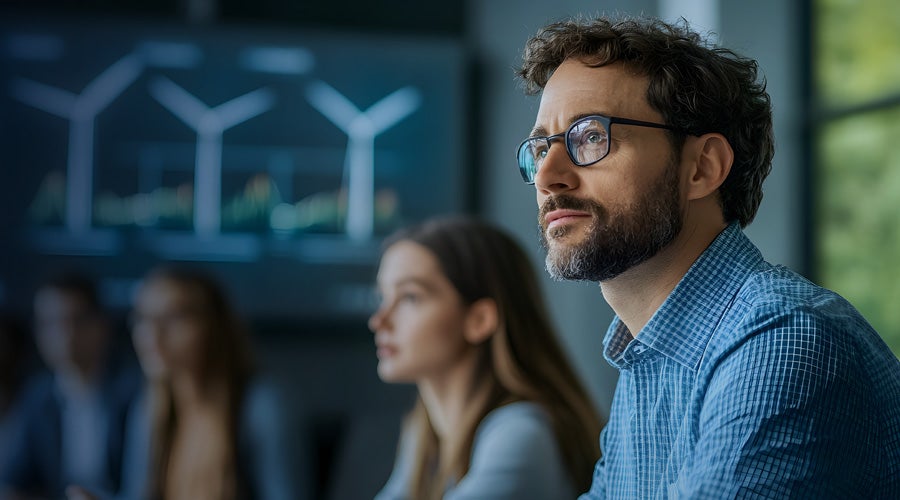 Business professionals attentively analyzing energy data on screen in a modern conference room at Chatsworth Products.