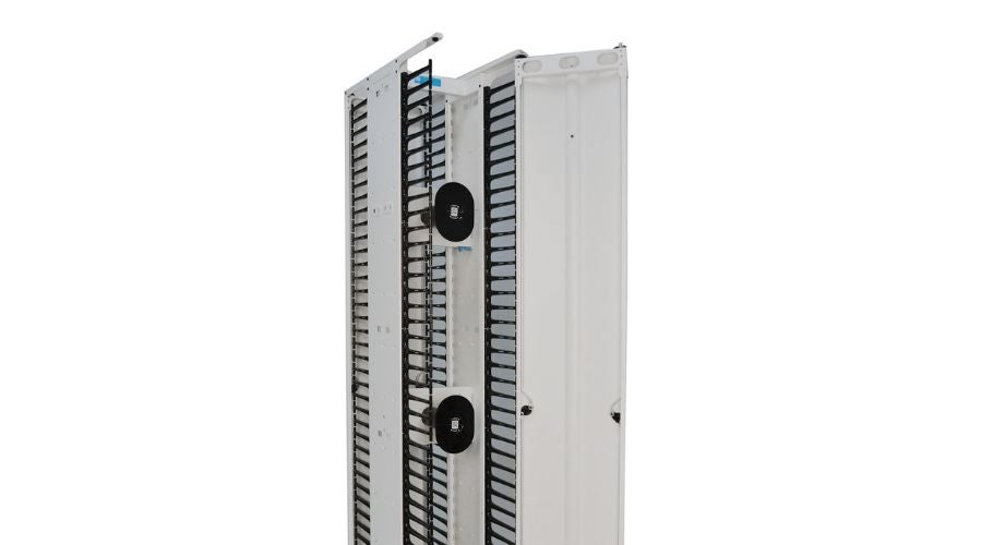Evolution® vertical cable manager for data center racks with flexible cable fingers and removable cover.