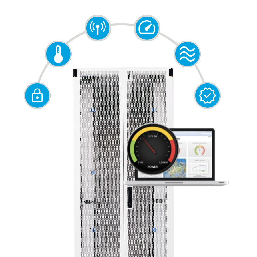 Smart data center cabinets with monitoring icons above, including security, temperature, wireless, humidity, airflow, and system alerts. A laptop displays a dashboard with power usage and performance analytics.