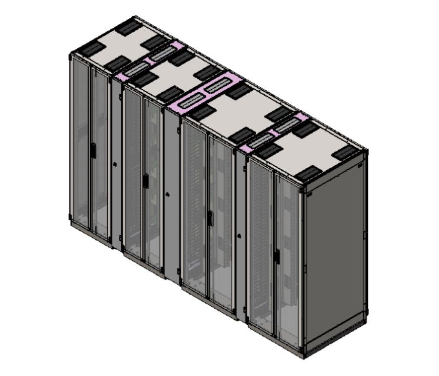 Five server cabinets with transparent doors and a pink connector on top.