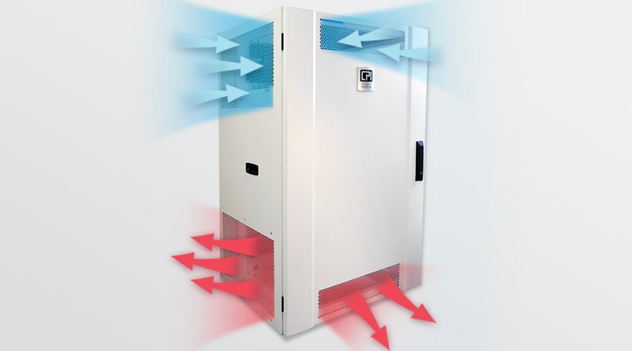 Wall-mount cabinet for edge computing showing front-to-rear airflow, with cool air intake at the top and hot air exhaust at the bottom for thermal management.