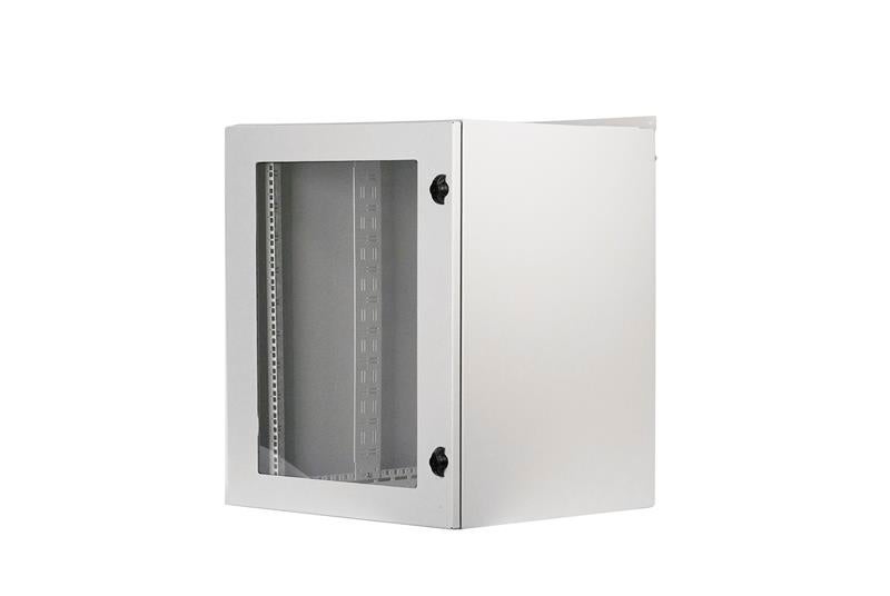 White server cabinet with a glass front and mounting rails inside.