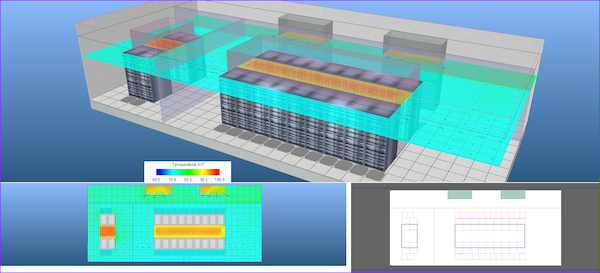 3D model of a data center with temperature overlay and server racks.