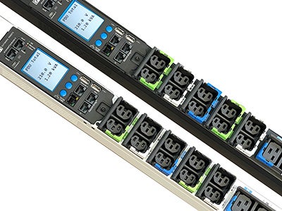 Power distribution units with multiple outlets and digital displays.