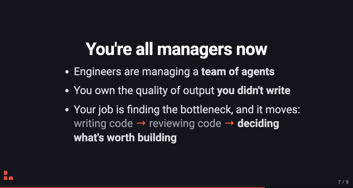 A presentation slide with the heading 'You're all managers now'. 