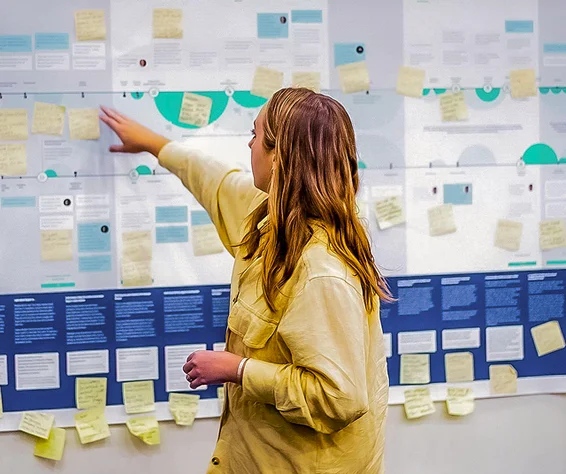 women reading board full of sticky notes