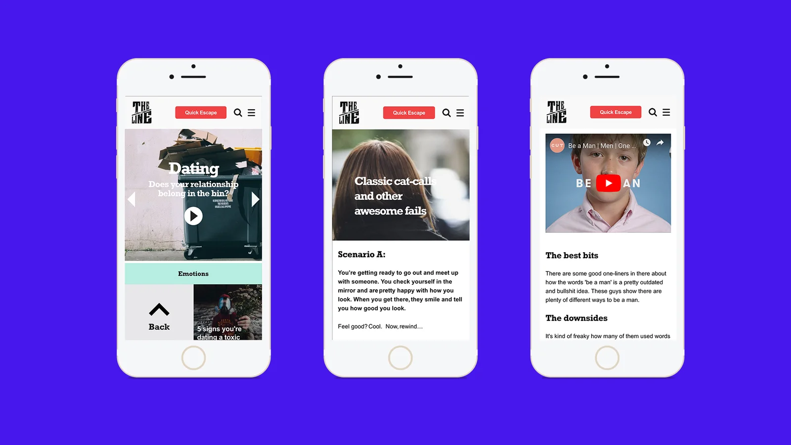 The Line website pages on three mobile devices