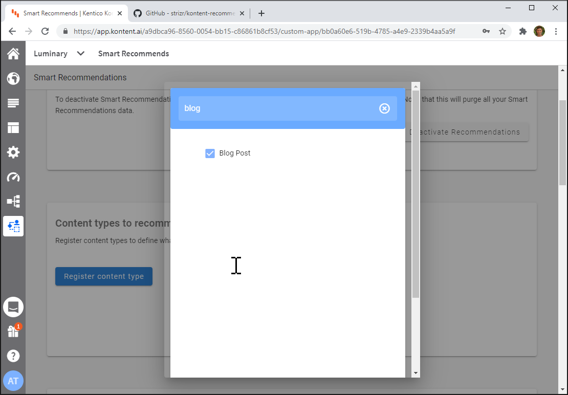 Screenshot of selecting a Content Type to add to Smart Recommendations in Kontent
