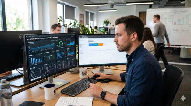 Picture of a male in front of two screens