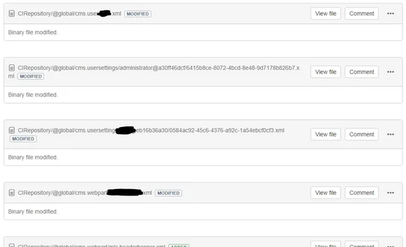 Screenshot of git diffs of binary files