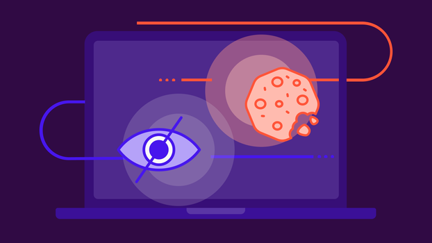 Picture of a privacy icon and cookie on a purple computer screen