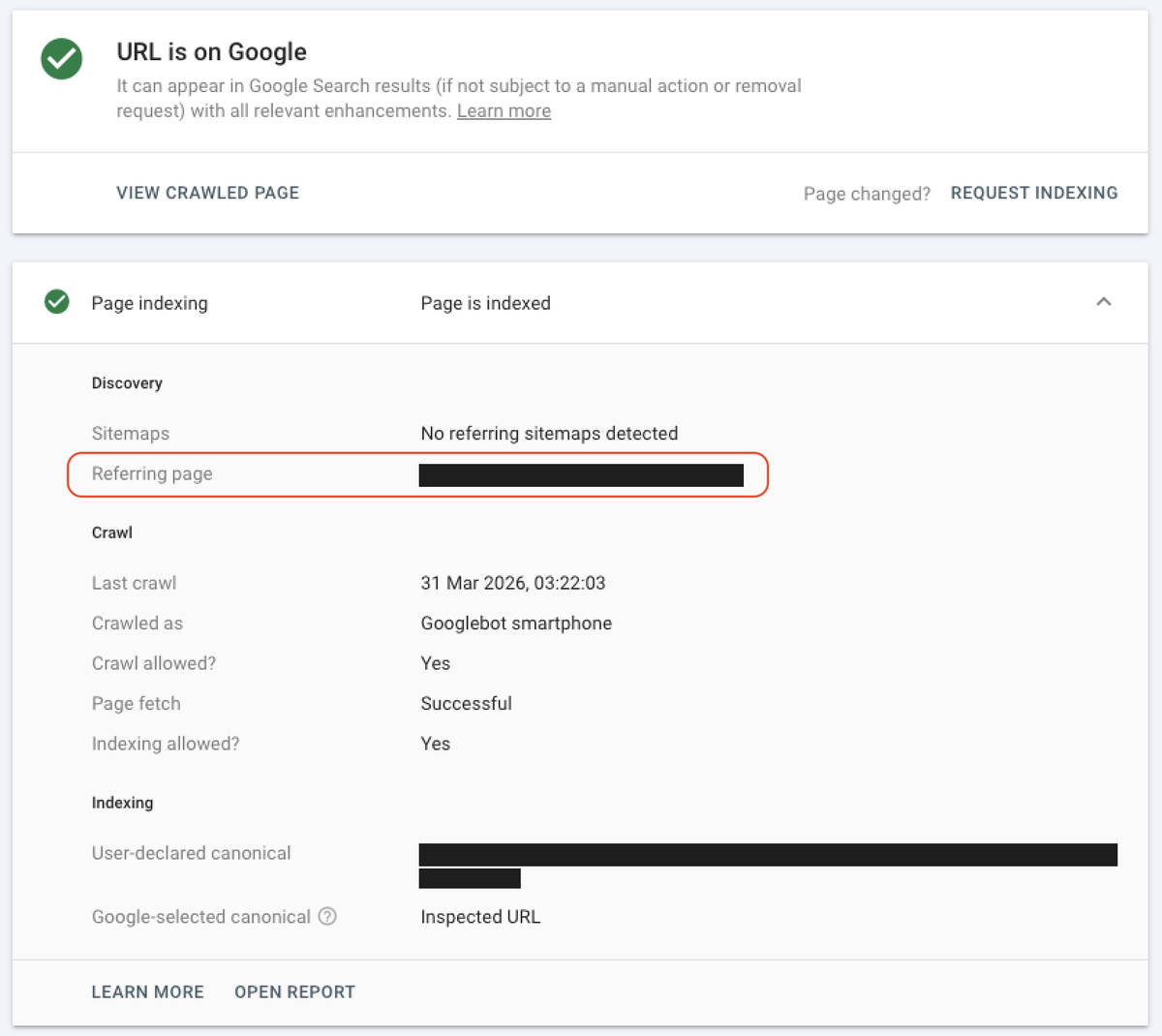 Google Search Console URL Inspection Tool showing the page was discovered via llms.txt as the referring page.