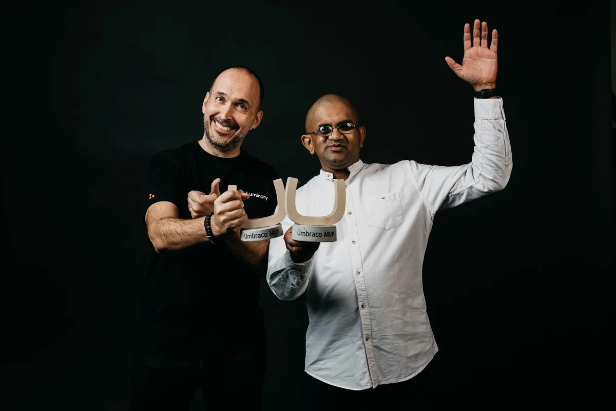 Emmanuel Tissera and Mario Lopez with Umbraco award as they are named MVP