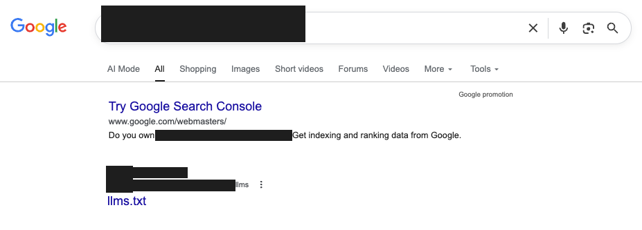 Screenshot showing Google had indexed the client's llms.txt file.
