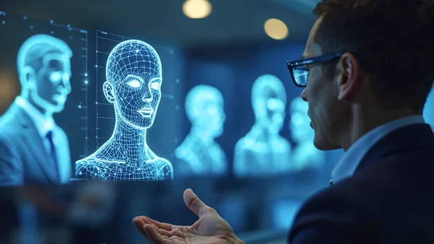 A man looking at a futuristic human image