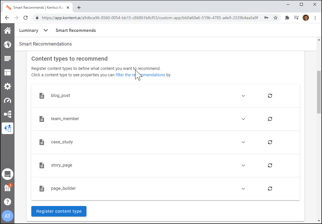 Screenshot of Kontent Smart Recommendations Content Type list