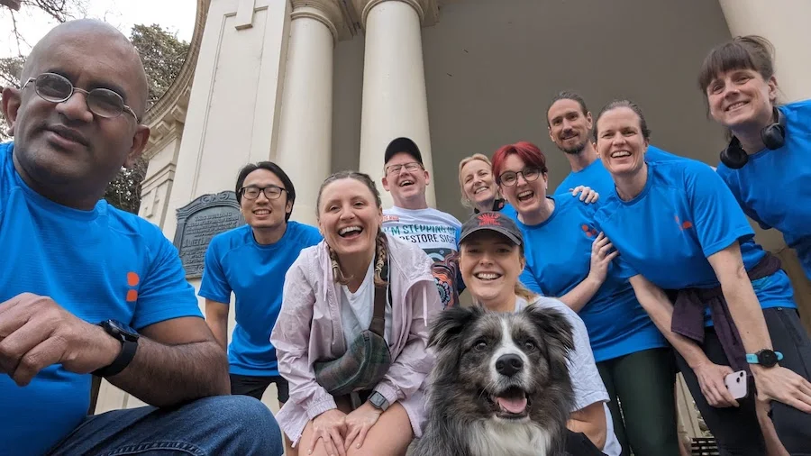 Our Fred's Big Run team with Hardhat in front of the Janet Lady Clarke rotunda at the Tan for our kick-off event