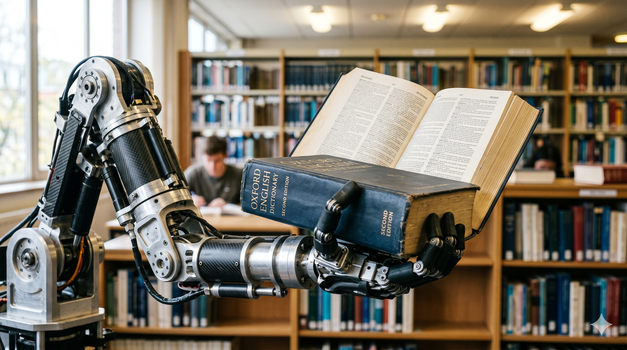 Picture of a robot arm holding an oxford dictionary