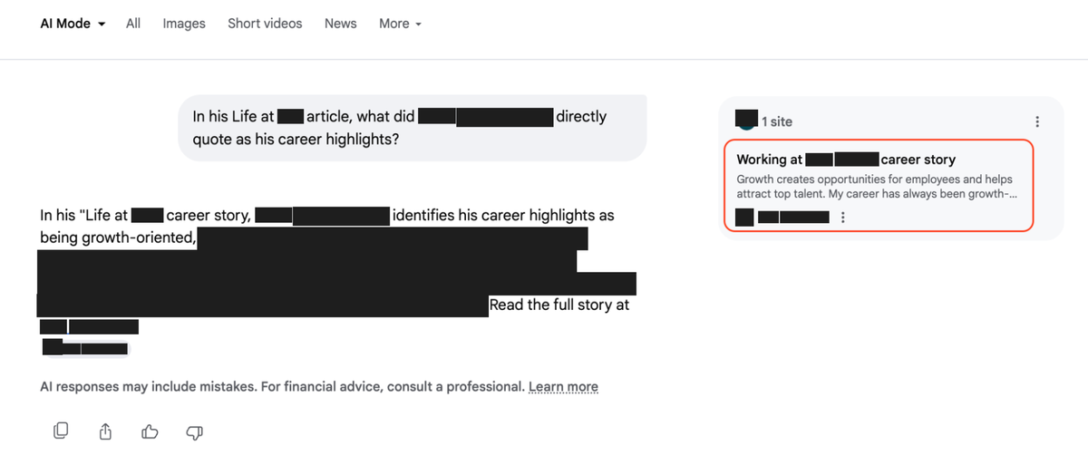 Screenshot showing AI Mode’s response and citation source