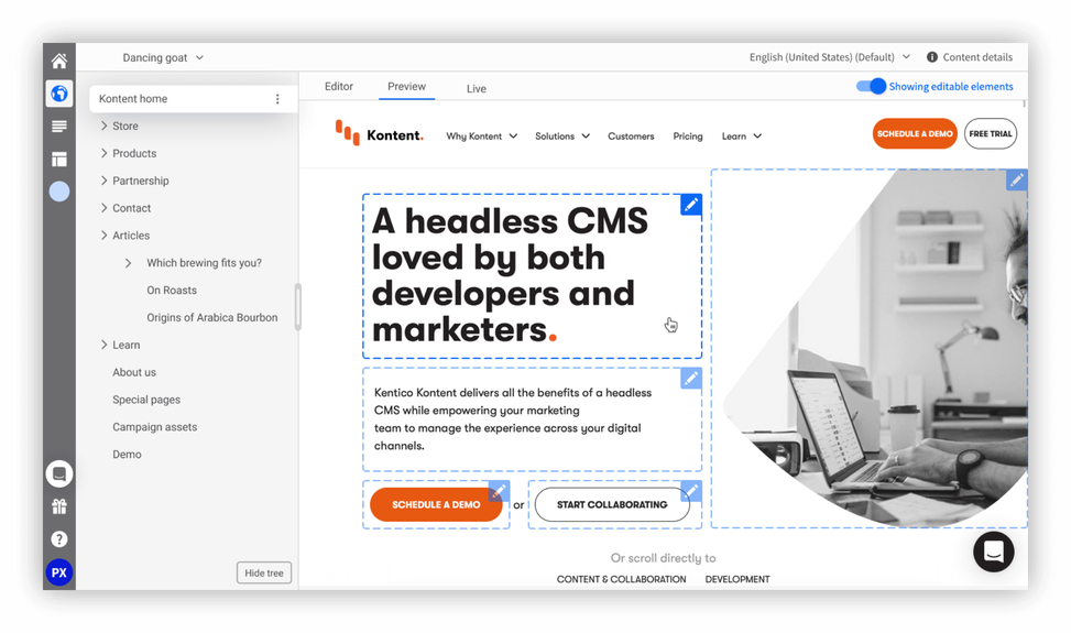 Screenshot of Kontent's Web Spotlight interface