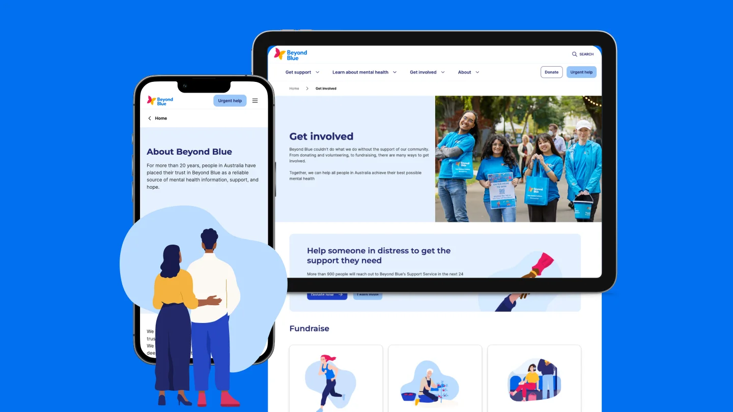 Picture of Beyond Blue desktop and mobile interface against a blue background