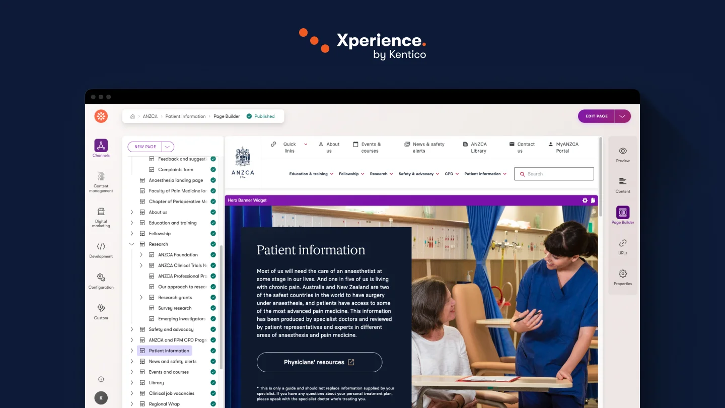 Xperience by Kentico platform view of ANZCA site