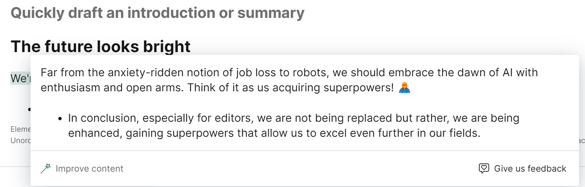 Kontent.ai generative AI features being used to draft an article summary