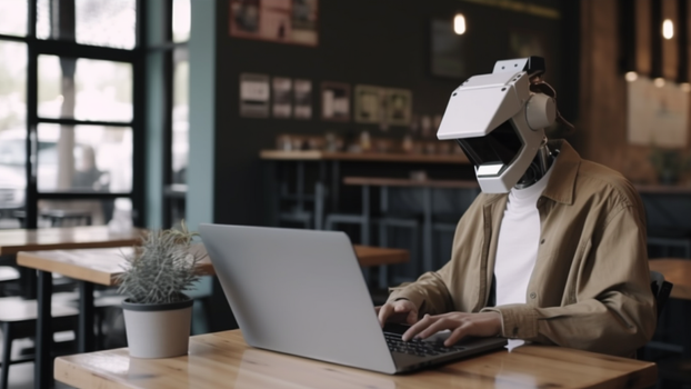 A humanoid robot typing at a laptop computer in a cafe