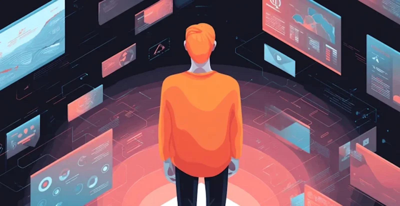 Picture of an illustration of a mann standing in front of many screens