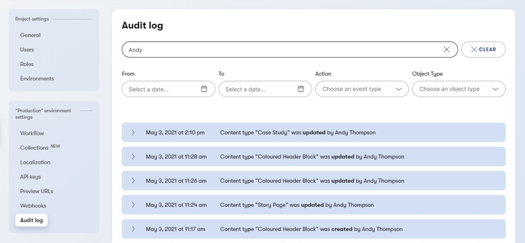 Screenshot of Kontent's Audit Log module