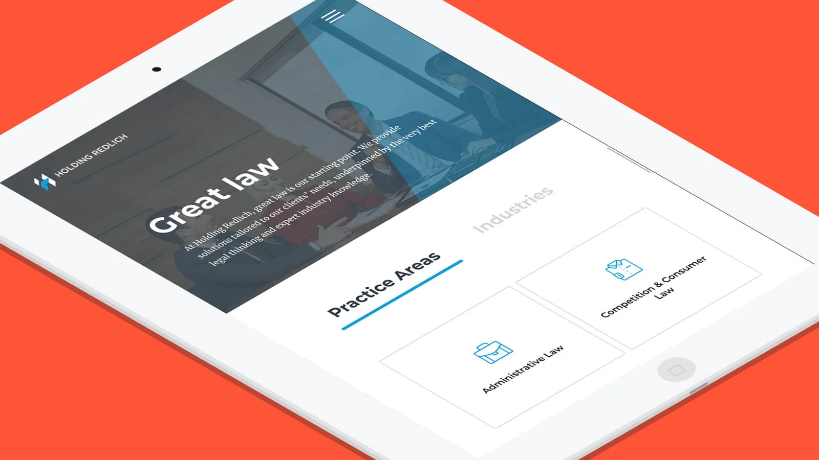 Holding Redlich home page on tablet