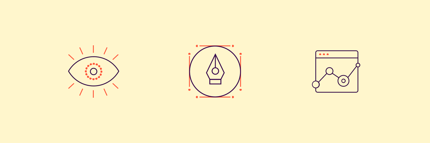 Picture of three icons against a yellow background