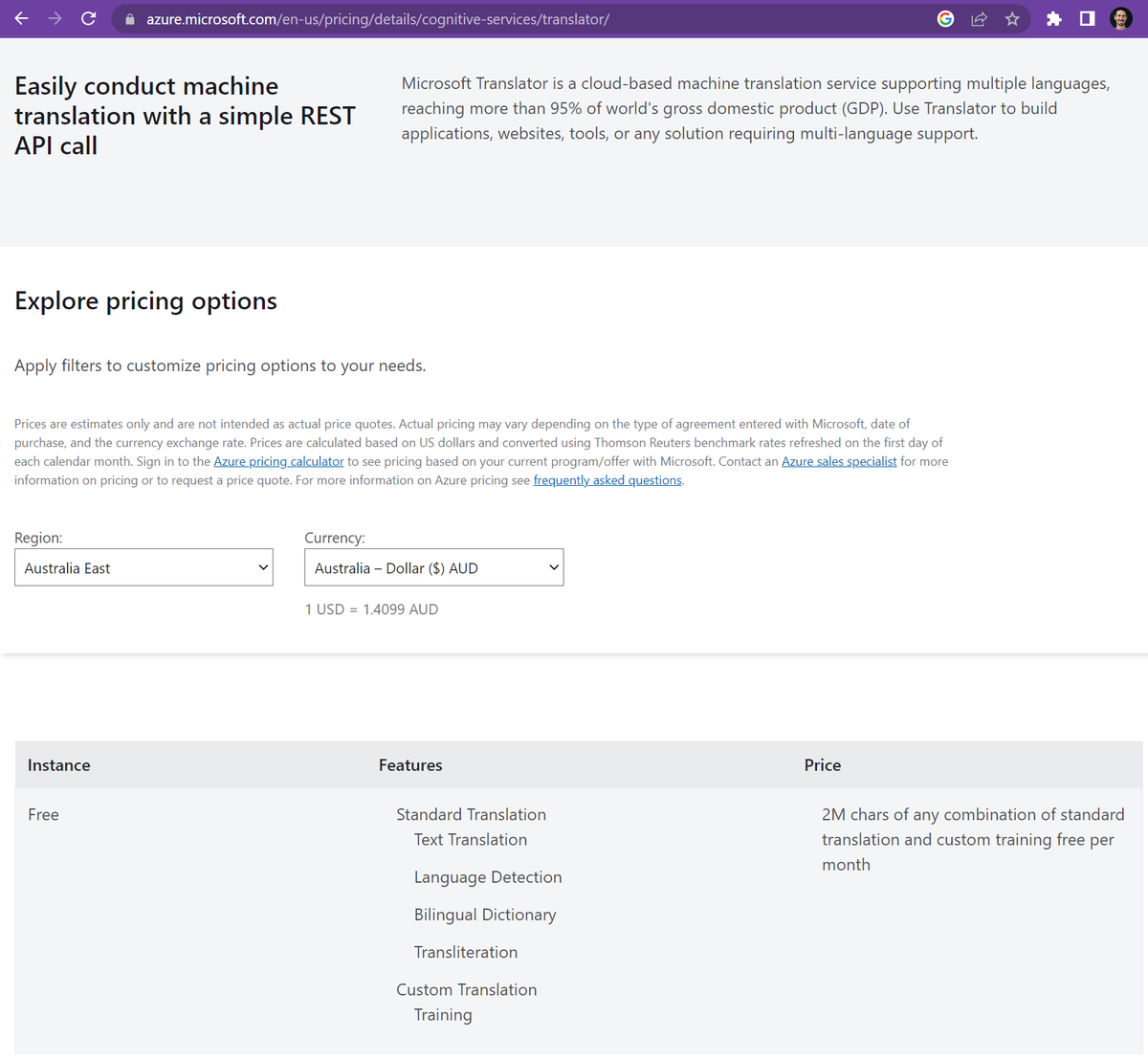 Screenshot of Microsoft Azure Translator pricing