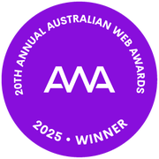Purple logo with AWA in the centre with Australian Web Awards Winner text around the inside of the circle