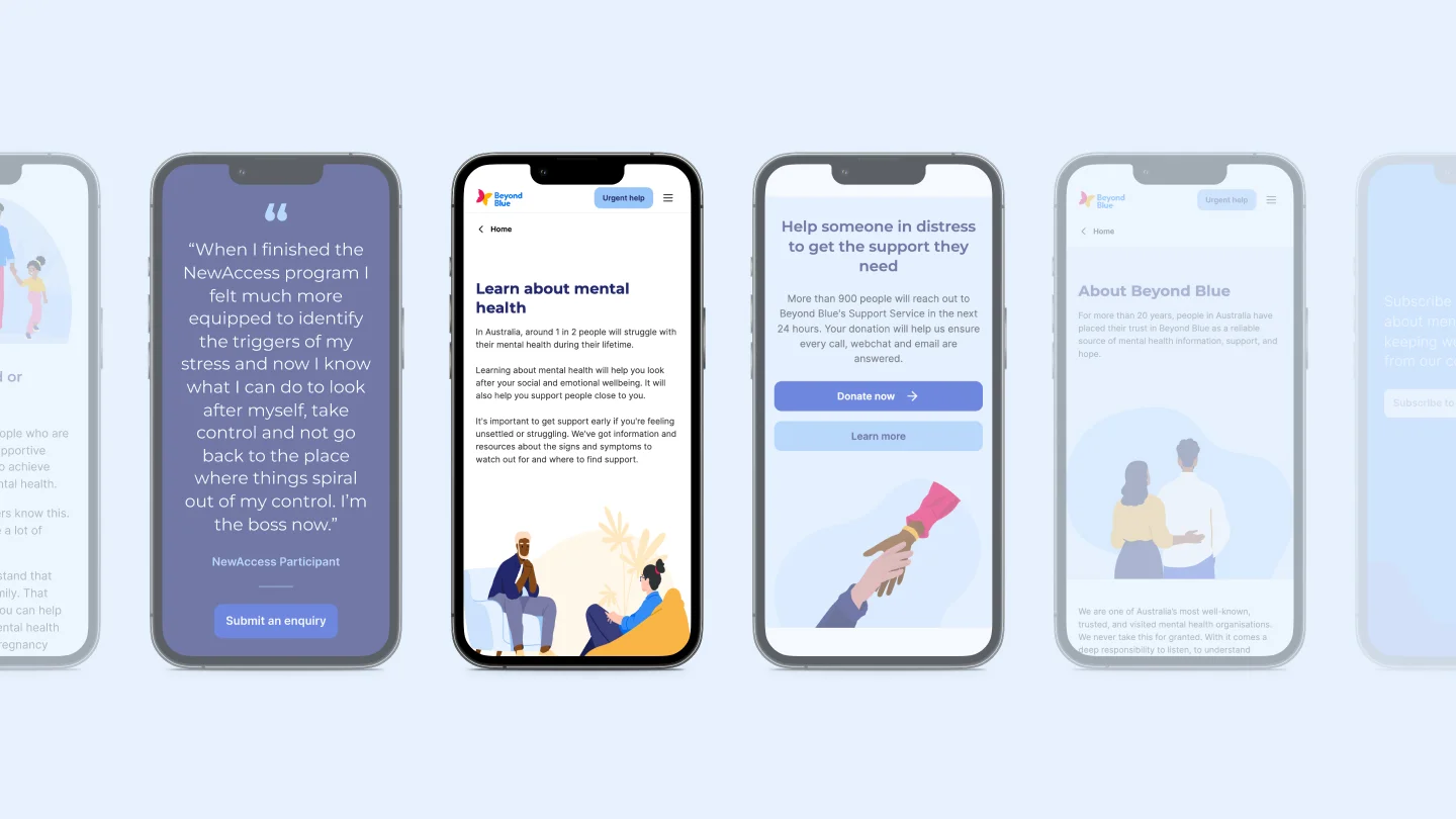 Picture of the Beyond Blue pages on six iPhone screens
